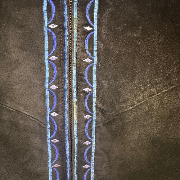 Bob Mackie Wearable Art Embroidered Leather Jacket Blue Black Boho Size S - Picture 6 of 10